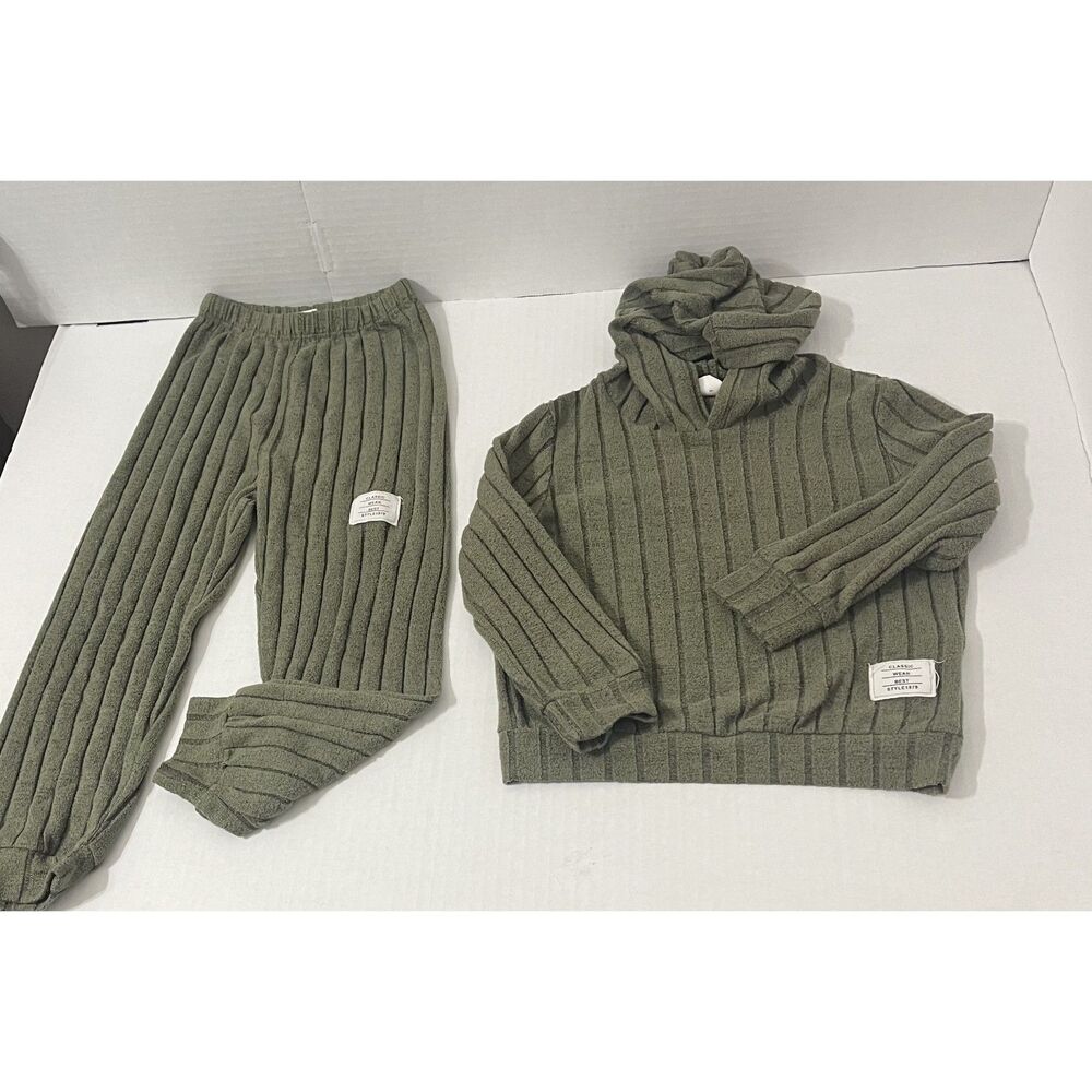 Boys 2-Piece Ribbed Hooded Sweater & Pants Set Olive Green Size 4Y